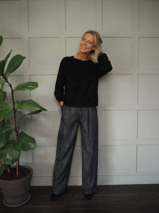 Wispa Cotton Wide Leg Trousers with Stripy &amp; Cream Waistband - Blue