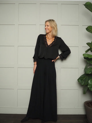 Neava Long Sleeve Lace Trimmed, Satin Feel Top - 11 Colours