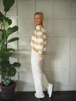 Simi Striped Cardigan with Button Fastenings - Camel/Off White