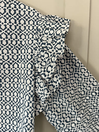 Moroccan Print Blouse with Ruffle and Pin-Tuck Detail - Blue