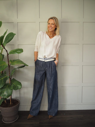 Wispa Cotton Wide Leg Trousers with Stripy &amp; Cream Waistband - Black