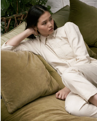 Lorna Organic Cotton Mix Jumpsuit, Slightly Cropped Straight Leg by Seventy Mochi - Ecru and Dark Vintage