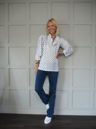 Diamond Long Sleeve Blouse with Ruffle Collar - Off White/Blue