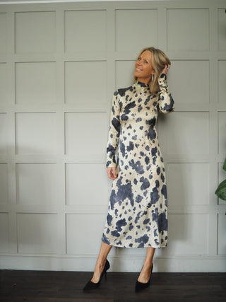 Asu High Neck and Tie Dress by Ottod’Ame - Oatmeal with Charcoal/Dark Navy Blue Print