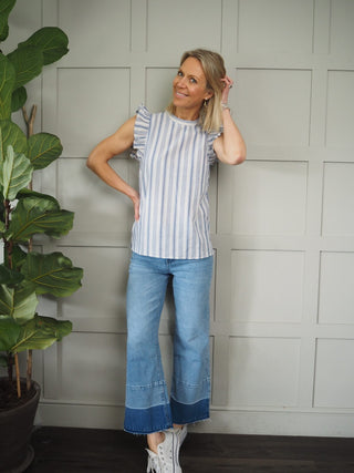 Grace Cap Sleeves Top - Blue/Off White Stripes