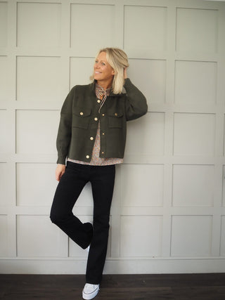 Camelia Cropped Jacket with Gold Popper Fastening &amp; Pocket Detail - Khaki