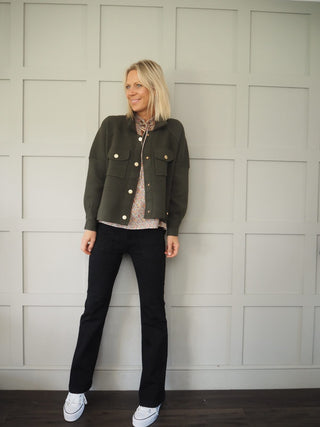 Camelia Cropped Jacket with Gold Popper Fastening &amp; Pocket Detail - Khaki