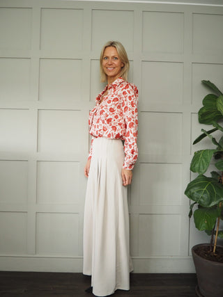 Clavier Long Sleeve Silk Feel Blouse by Emme - Midnight Blue, Red