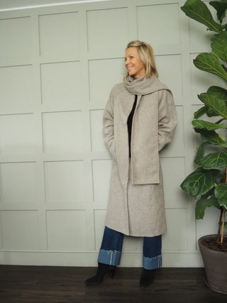 Chjosia Coat, Wool Blend, Lined With High Collar &amp; Detachable Scarf by Moss Copenhagen - Taupe