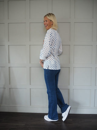 Diamond Long Sleeve Blouse with Ruffle Collar - Off White/Blue