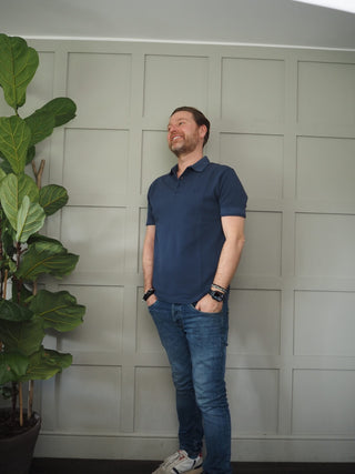 Men’s Sun Short Sleeved Cotton Polo Shirt by Thinking Mu - Navy Blue