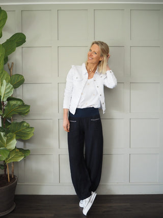 Ralliella Cropped Denim Jacket with Ruffle Shoulder &amp; Collar Detail, Button Fastening - White