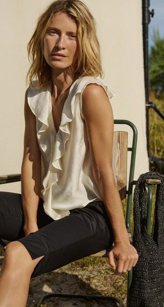 Rue Silky Feel Vest with Frills by Part Two - Champagne, Cornflower Blue