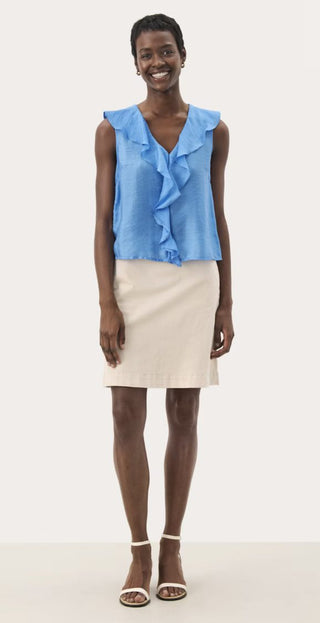 Rue Silky Feel Vest with Frills by Part Two - Champagne, Cornflower Blue