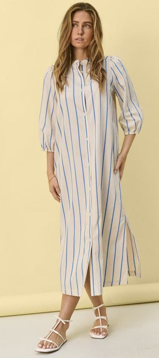 Kotrina Shirt Dress with 3/4 Length Sleeves by Saint Tropez - Ecru with Blue Stripes