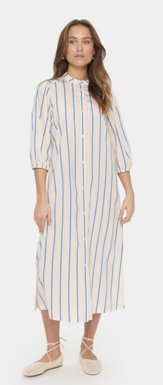 Kotrina Shirt Dress with 3/4 Length Sleeves by Saint Tropez - Ecru with Blue Stripes