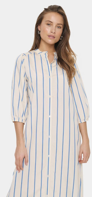 Kotrina Shirt Dress with 3/4 Length Sleeves by Saint Tropez - Ecru with Blue Stripes