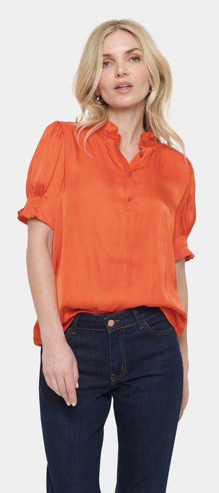 Veeni Silky Soft Blouse with Short Sleeves by Saint Tropez - Tomato Red, Vanilla Custard