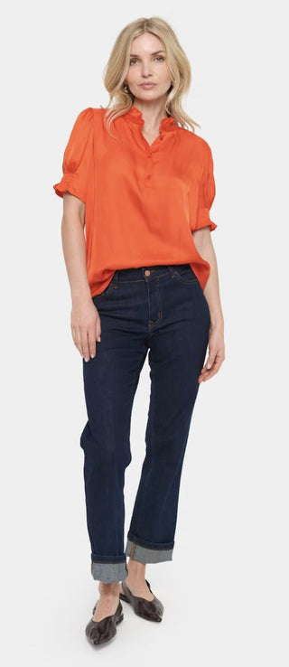 Veeni Silky Soft Blouse with Short Sleeves by Saint Tropez - Tomato Red, Vanilla Custard