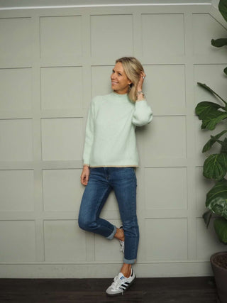 Tash Turtle Neck, Lurex Trim Jumper - Pastel Green and Winter White