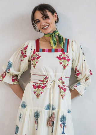 Fortune Favours Midi Dress with Belt by Newday Originals - Cream/Blue/Pink/Red