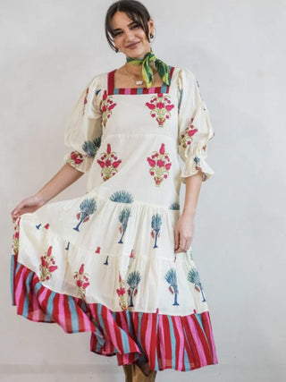 Fortune Favours Midi Dress with Belt by Newday Originals - Cream/Blue/Pink/Red