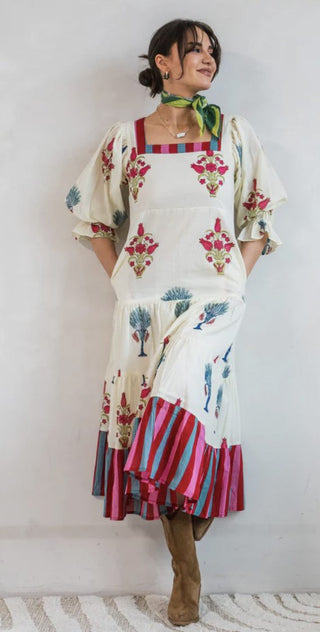 Fortune Favours Midi Dress with Belt by Newday Originals - Cream/Blue/Pink/Red