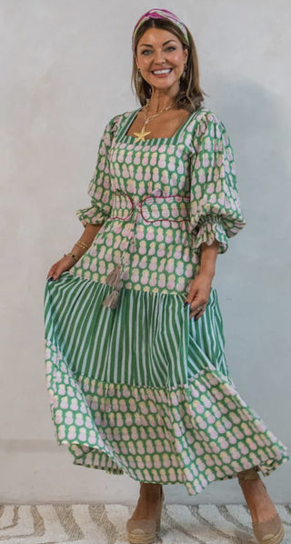Pineapple Midi Dress with Belt by Newday Originals - Green
