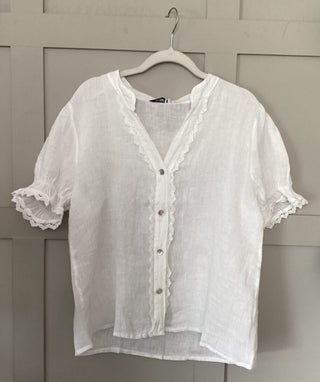 Fearne Linen Blouse with SHORT Sleeves - Baby Blue, Coral, Cornflower Blue, Navy Blue, Off White, Pale Pink, Stone