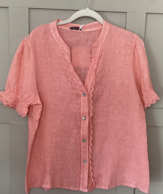 Fearne Linen Blouse with SHORT Sleeves - Baby Blue, Coral, Cornflower Blue, Navy Blue, Off White, Pale Pink, Stone