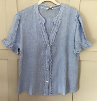 Fearne Linen Blouse with SHORT Sleeves - Baby Blue, Coral, Cornflower Blue, Navy Blue, Off White, Pale Pink, Stone