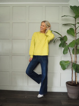 Geeta Round Neck, Long Sleeve Cable Knit Jumper by Saint Tropez - Grey and Yellow