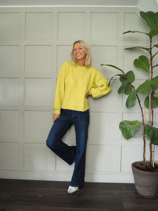 Geeta Round Neck, Long Sleeve Cable Knit Jumper by Saint Tropez - Grey and Yellow