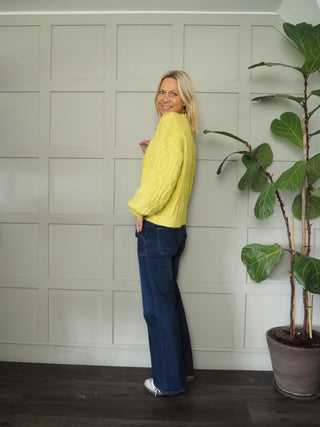 Geeta Round Neck, Long Sleeve Cable Knit Jumper by Saint Tropez - Grey and Yellow