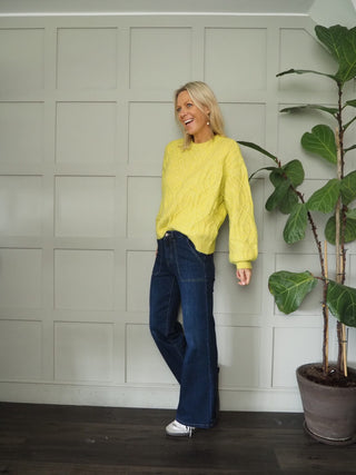 Geeta Round Neck, Long Sleeve Cable Knit Jumper by Saint Tropez - Grey and Yellow