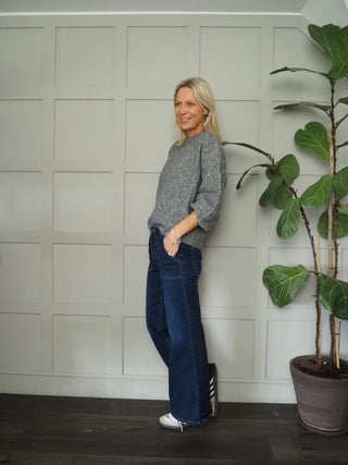 Geeta Round Neck, Long Sleeve Cable Knit Jumper by Saint Tropez - Grey and Yellow