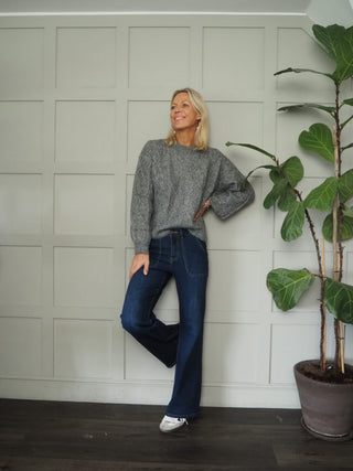 Geeta Round Neck, Long Sleeve Cable Knit Jumper by Saint Tropez - Grey and Yellow