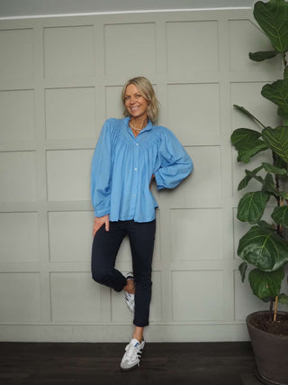 Blessed Long Sleeve Blouse - Blue, Stone, White