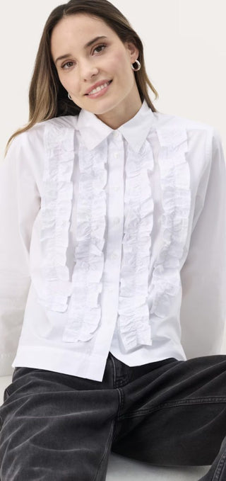 Pranvera Blouse with Frill Detail by Part Two - Blue/White Stripes, White