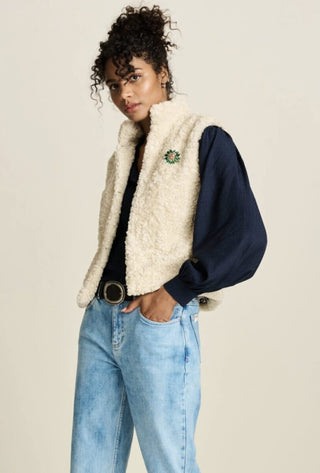 Teddy Super Soft Gilet, with Contrasting Heart Patterned Lining &amp; Detachable Brooch, by Pom Amsterdam - Black, Ecru, Navy Blue and Vintage Brown