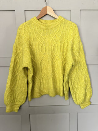 Geeta Round Neck, Long Sleeve Cable Knit Jumper by Saint Tropez - Grey and Yellow