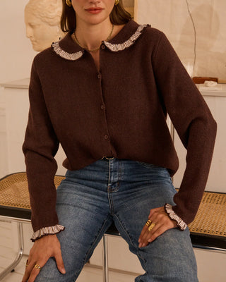 Rutland Cardigan with Peter Pan Collar and Striped Trim - Chocolate, Navy Blue, Taupe