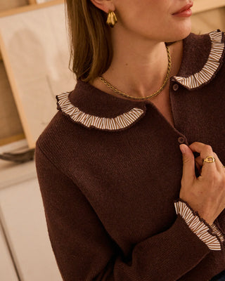 Rutland Cardigan with Peter Pan Collar and Striped Trim - Chocolate, Navy Blue, Taupe