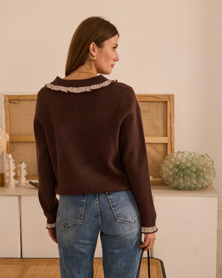 Rutland Cardigan with Peter Pan Collar and Striped Trim - Chocolate, Navy Blue, Taupe