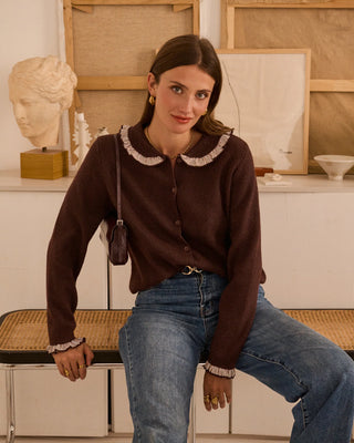 Rutland Cardigan with Peter Pan Collar and Striped Trim - Chocolate, Navy Blue, Taupe