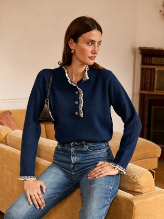 Langton Jumper with Stripped Pleated Collar Detail - Burgundy, Khaki, Navy Blue