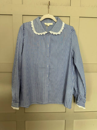 Amelia Stripe Blouse with Broderie Anglaise Detail - Royal Blue/White