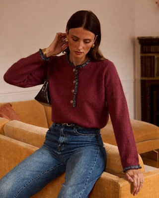 Langton Jumper with Stripped Pleated Collar Detail - Burgundy, Khaki, Navy Blue