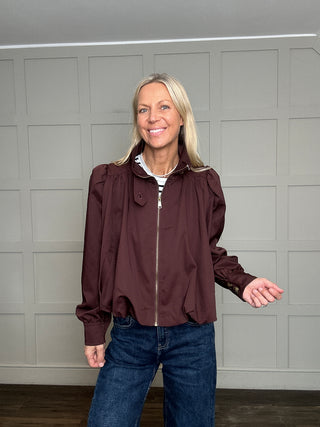 Paris Bubble Hem Swing Jacket with Funnel Neck - Khaki, Maroon, Navy Blue