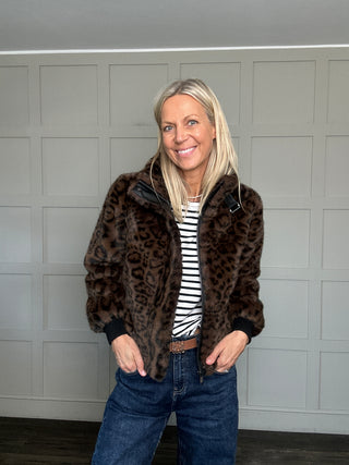 Ambra Super Soft Faux Fur Bomber Jacket by Rino & Pelle - Brown Leopard